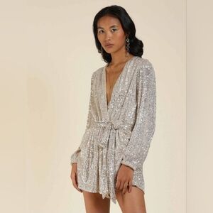 Saints & Hearts Metallic Gold Sequin Long Sleeve Belted Pockets Romper Size S